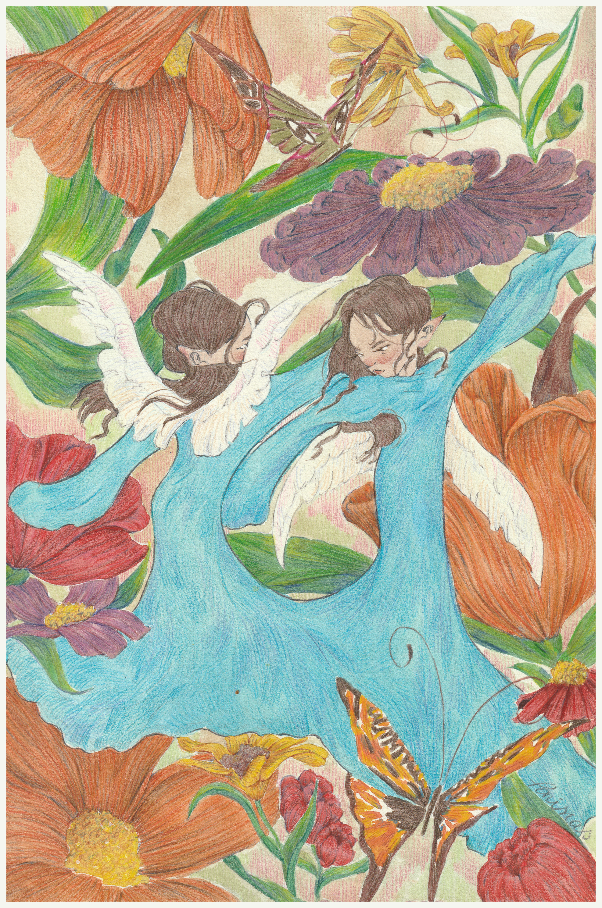 Twin Fairies (2024), watercolor and colored pencils on paper, 21 x 29 cm